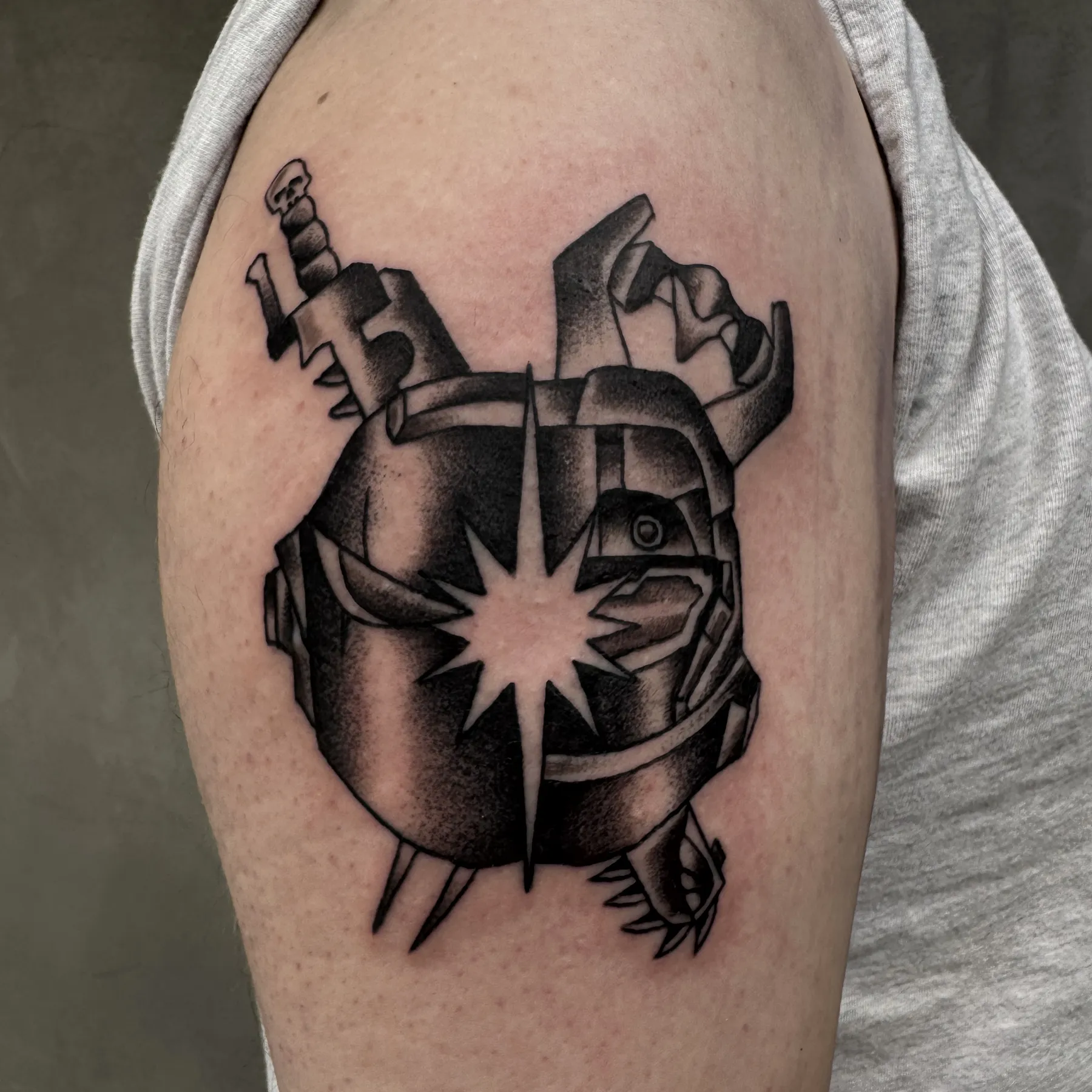 Warhammer tattoo, black and gray